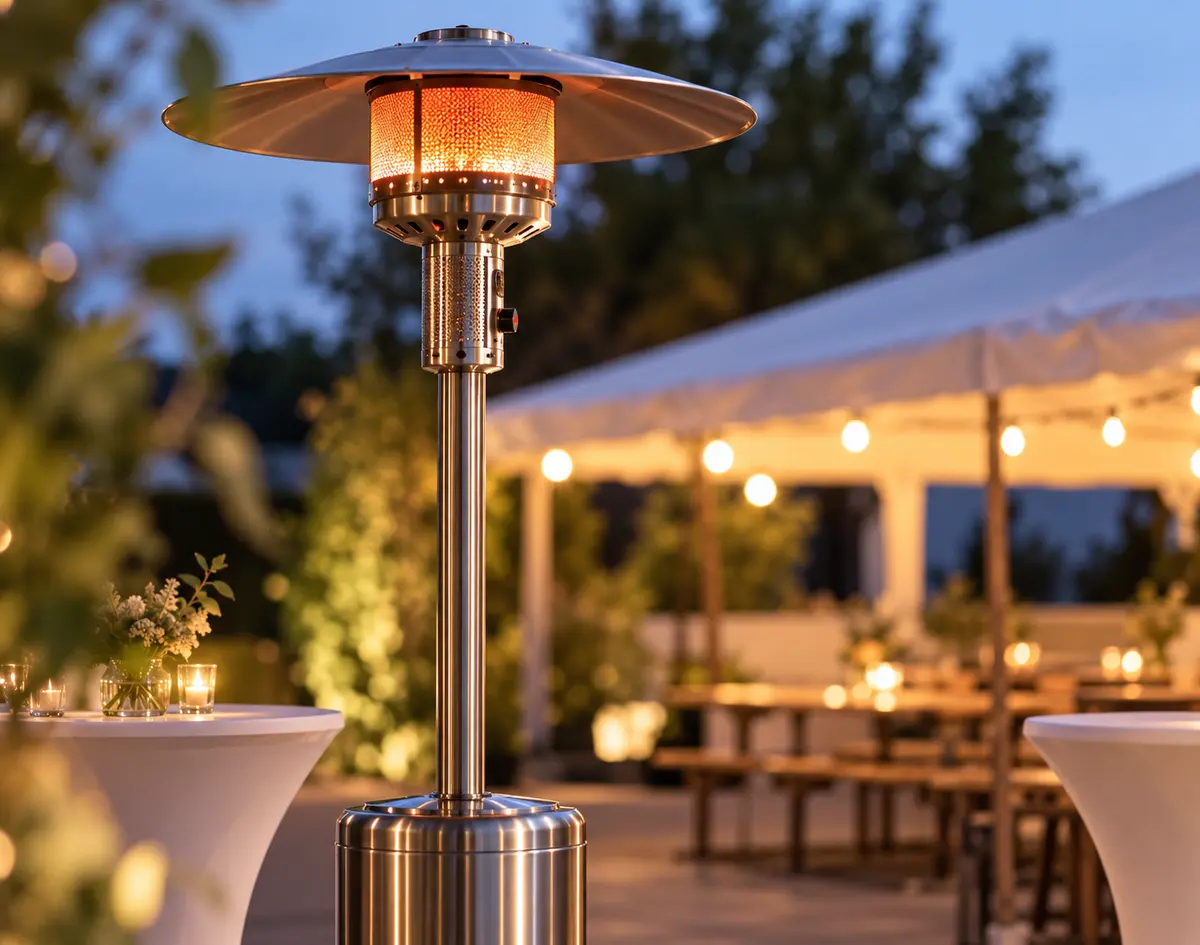 Gas-Heizstrahler aus Edelstahl am Abend auf einer Terrasse – zum Ausleihen für EVSE-Kunden
