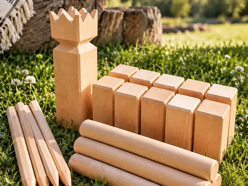 Wikingerschach (Kubb) aus Holz mit König, Kubbs und Wurfhölzern auf einer Wiese – zum Ausleihen für EVSE-Kunden