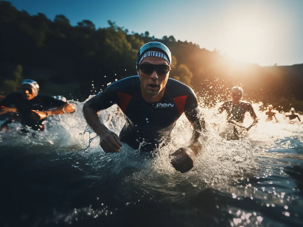 Triathleten laufen nach dem Schwimmen aus dem Wasser – Triathlon KnappenMan im Lausitzer Seenland